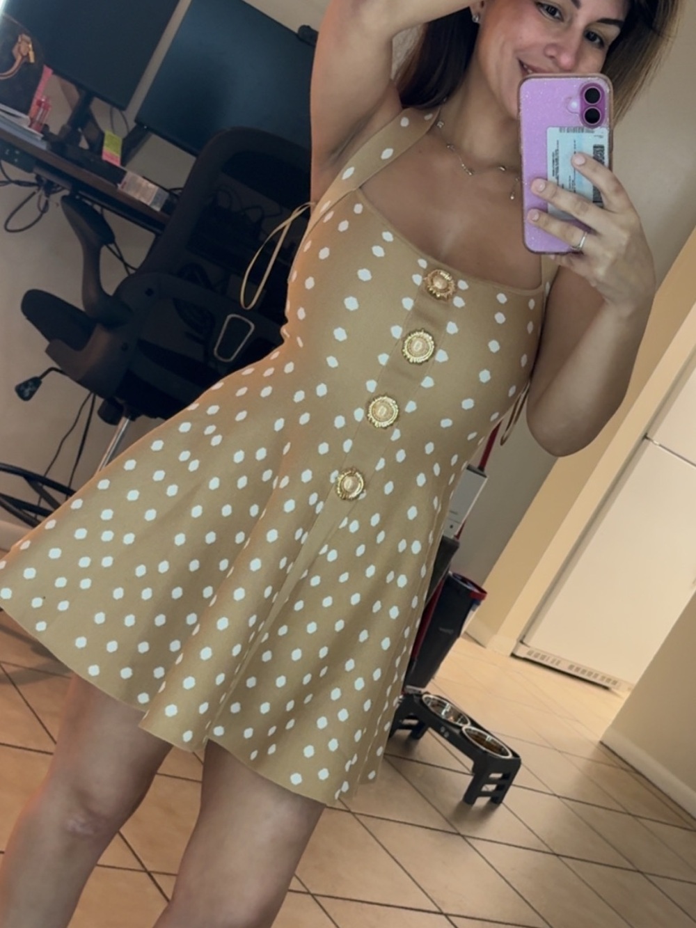 Galita fashion Camel and White Polka Dot A-Line Mini Dress